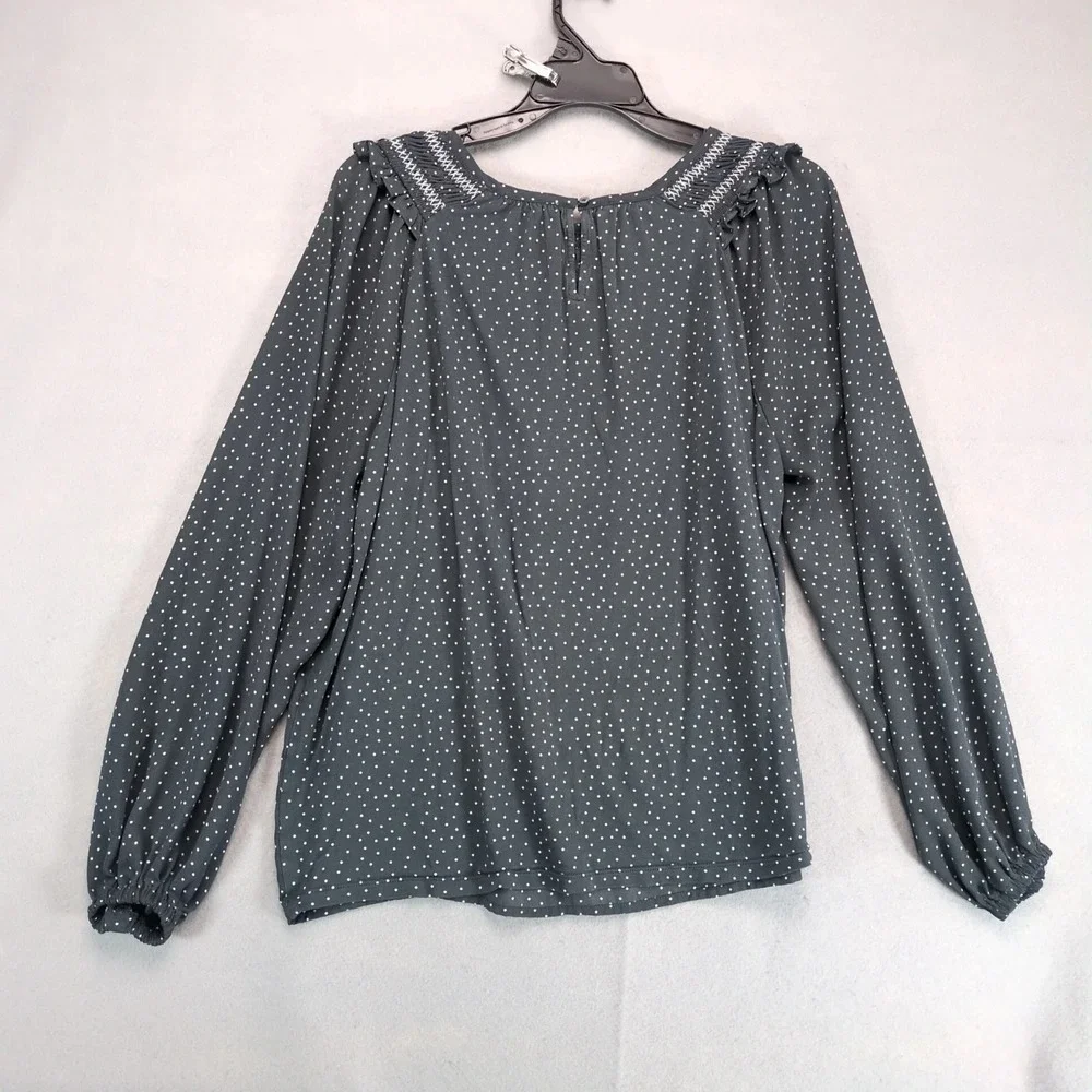 Loft Dotted Smocked Mixed Media Blouse Top Sz‎ M Gray Ruffle, Long Puff Sleeve